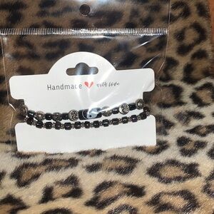 Handmade Black and Silver Glass Beaded Bracelet Set 6”